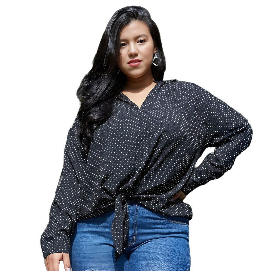 Pleione Plus Size Women's Mandarin Collar Tie Hem Blouse - shopatkonus