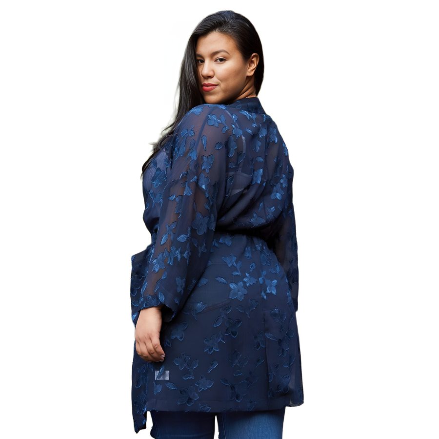 Plus Size Sheer Floral Embossed Robe Cardigan - shopatkonus