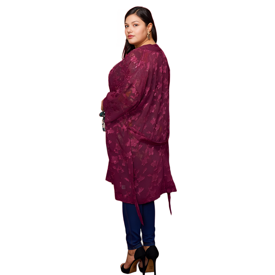 Plus Size Sheer Floral Embossed Robe Cardigan - shopatkonus