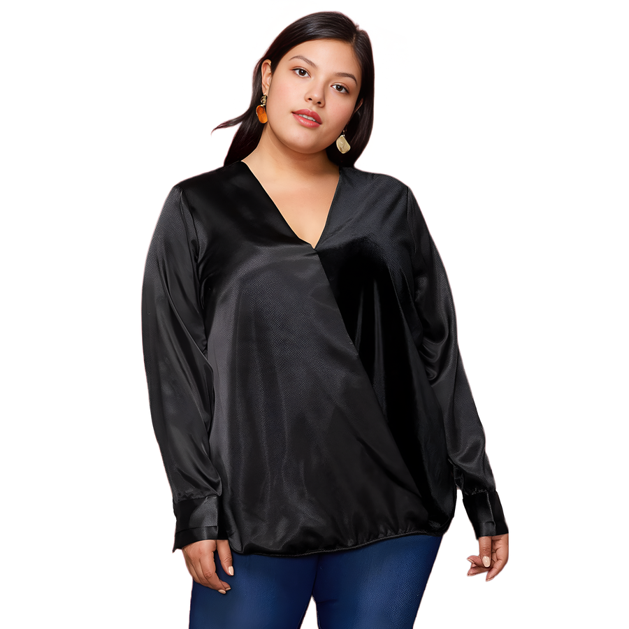 Pleione Plus Size Women's Charmeuse Contrast Cross Front Blouse - shopatkonus