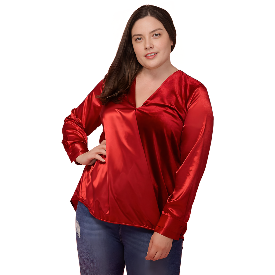 Pleione Plus Size Women's Charmeuse Contrast Cross Front Blouse - shopatkonus