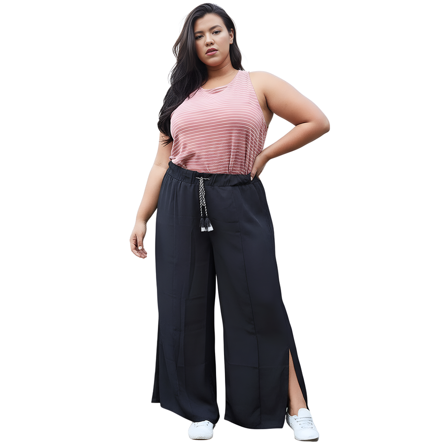 Pleione Plus Size Women's Tassel Drawstring Palazzo Pants - shopatkonus