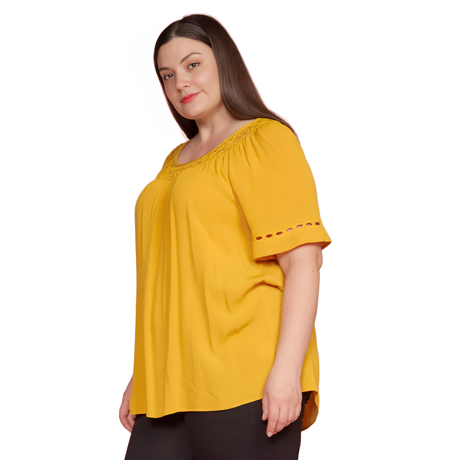 Pleione Plus Size Pleated Short Sleeve Blouse Top - shopatkonus