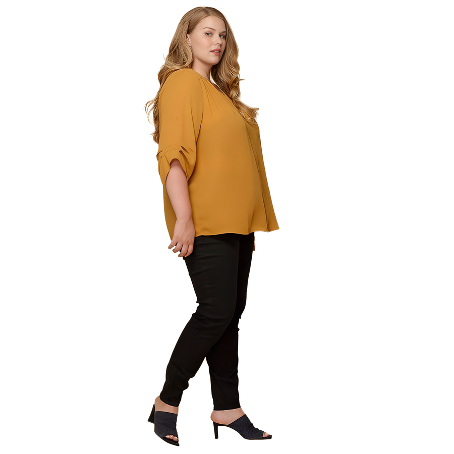 Pleione Plus Size 3/4 Sleeve Multi Layered Cuff Blouse in Mustard - shopatkonus