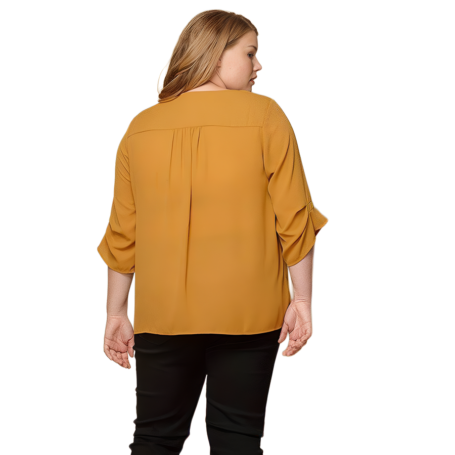 Pleione Plus Size 3/4 Sleeve Multi Layered Cuff Blouse in Mustard - shopatkonus