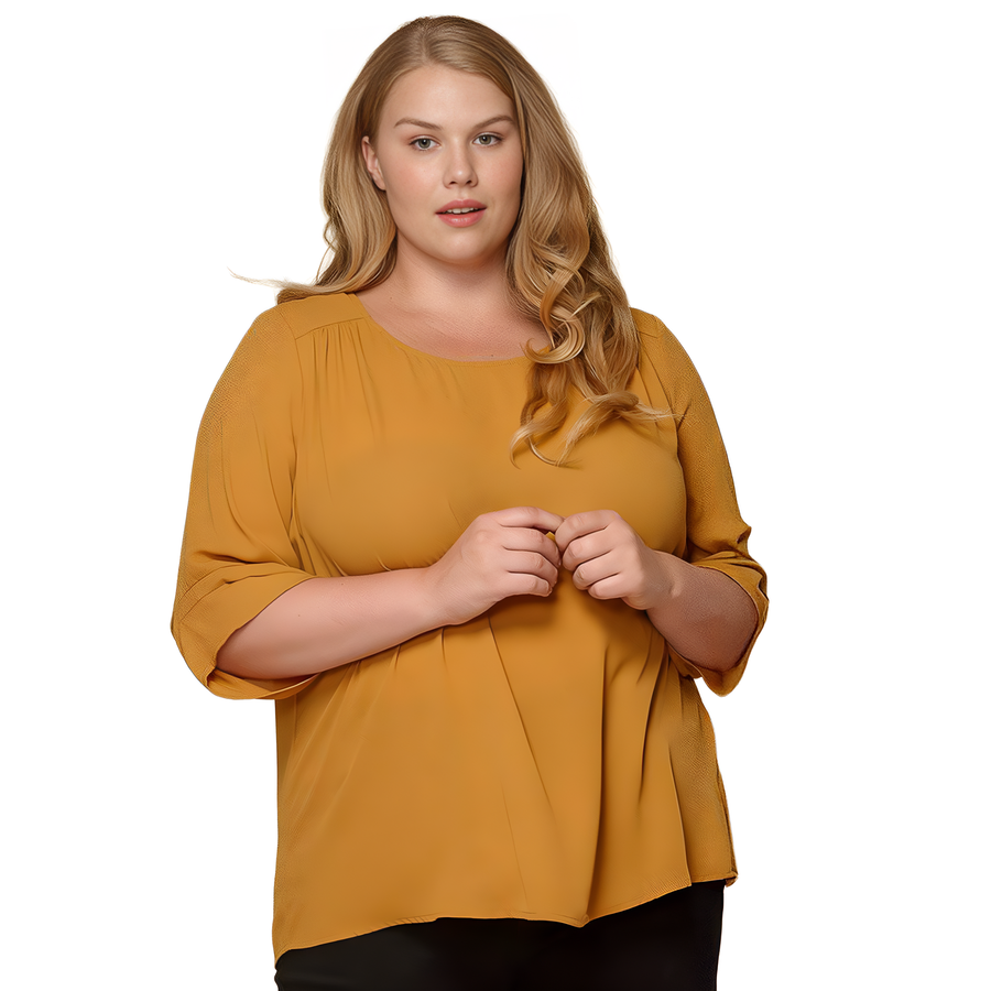 Pleione Plus Size 3/4 Sleeve Multi Layered Cuff Blouse in Mustard - shopatkonus