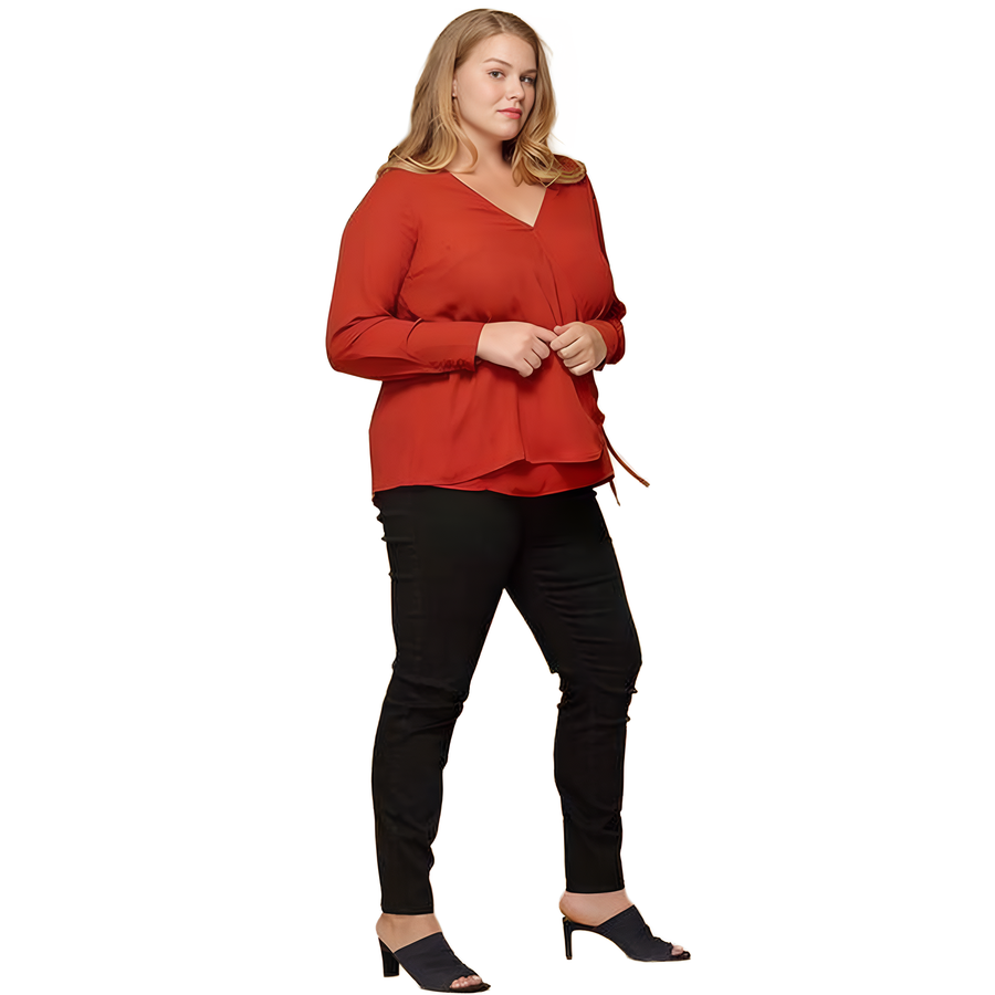 Pleione Plus Size Wrap Front Long Sleeve Blouse in Terracotta - shopatkonus