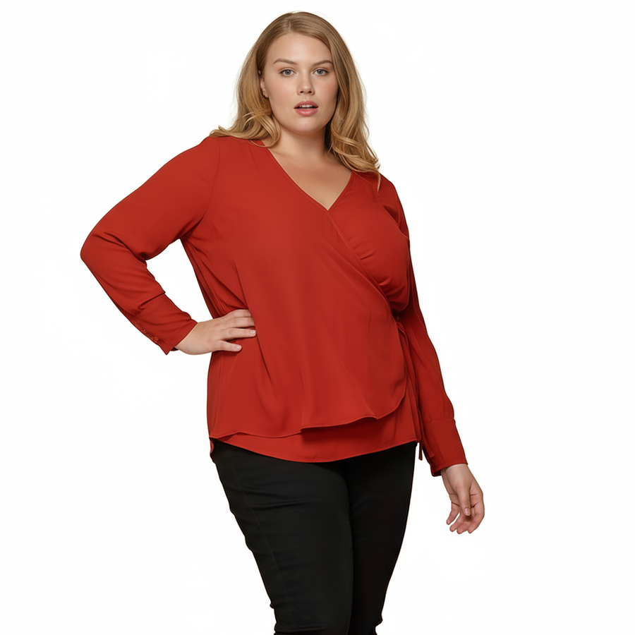 Pleione Plus Size Wrap Front Long Sleeve Blouse in Terracotta - shopatkonus