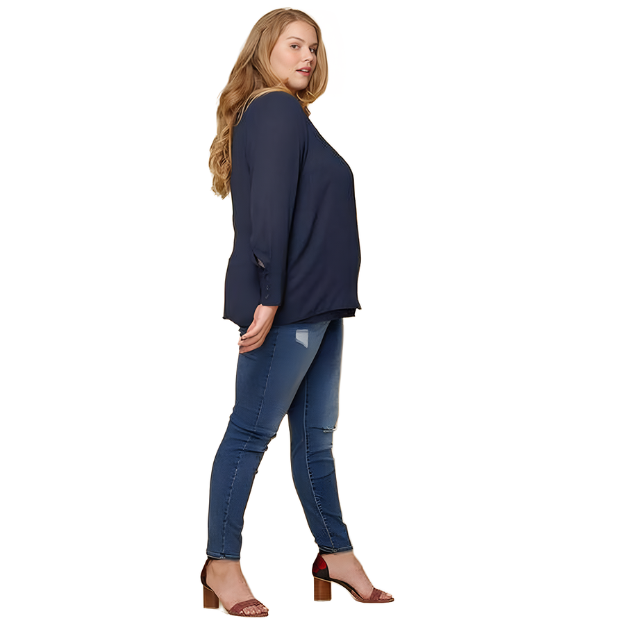 Pleione Plus Size Wrap Front Long Sleeve Blouse in Navy - shopatkonus