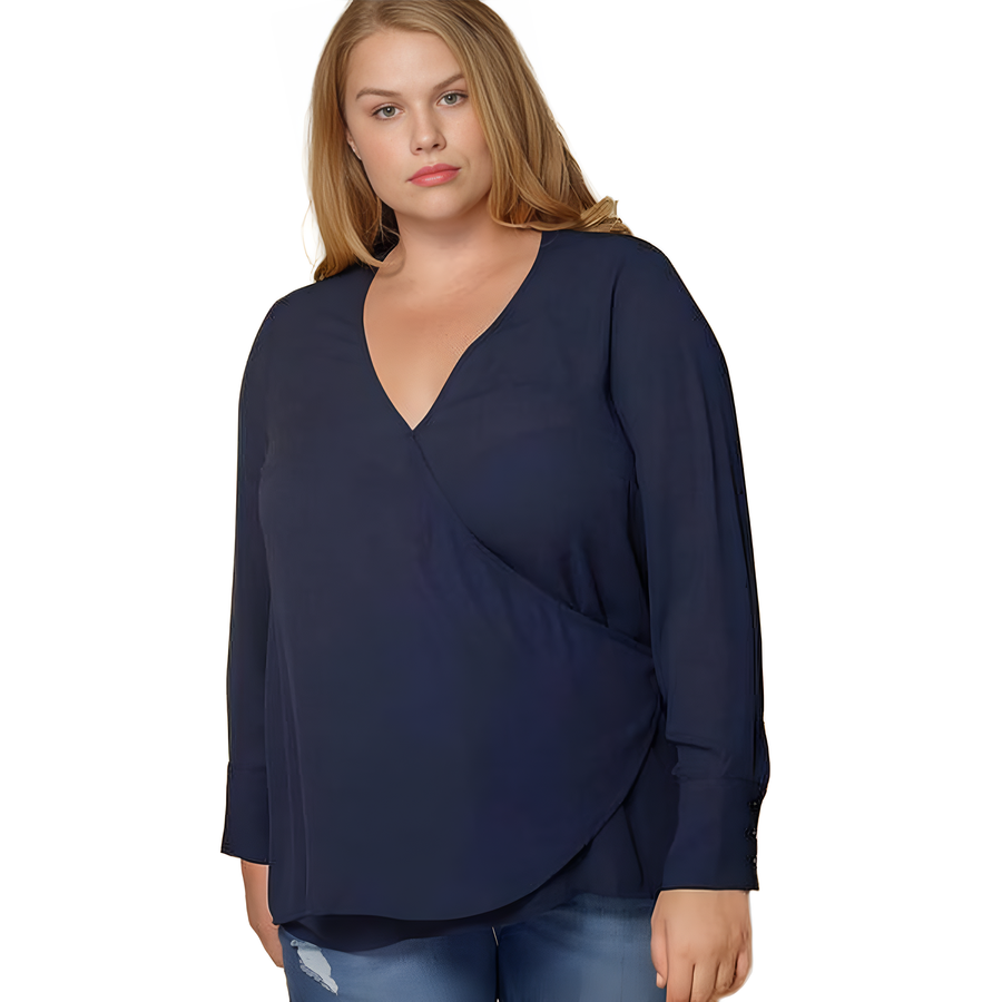 Pleione Plus Size Wrap Front Long Sleeve Blouse in Navy - shopatkonus