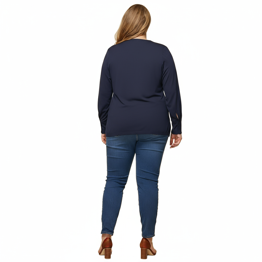 Pleione Plus Size Wrap Front Long Sleeve Blouse in Navy - shopatkonus