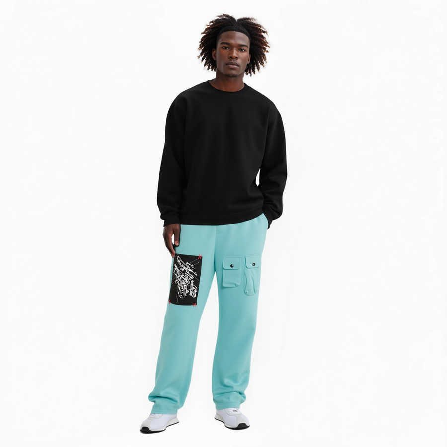 Konus Men's Wide Print Patch French Terry Sweatpants in Teal - shopatkonus