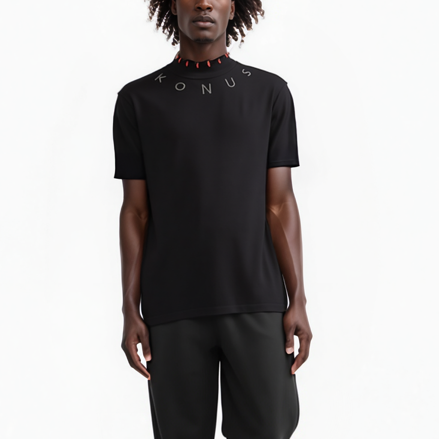 Konus Men's Black Fully Fashioned Short Sleeve Mock Neck Sweater - shopatkonus