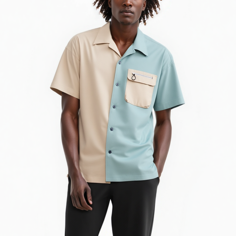 Konus Men's Bellow Pocket Oversize Short Sleeve Shirt in Khaki - shopatkonus