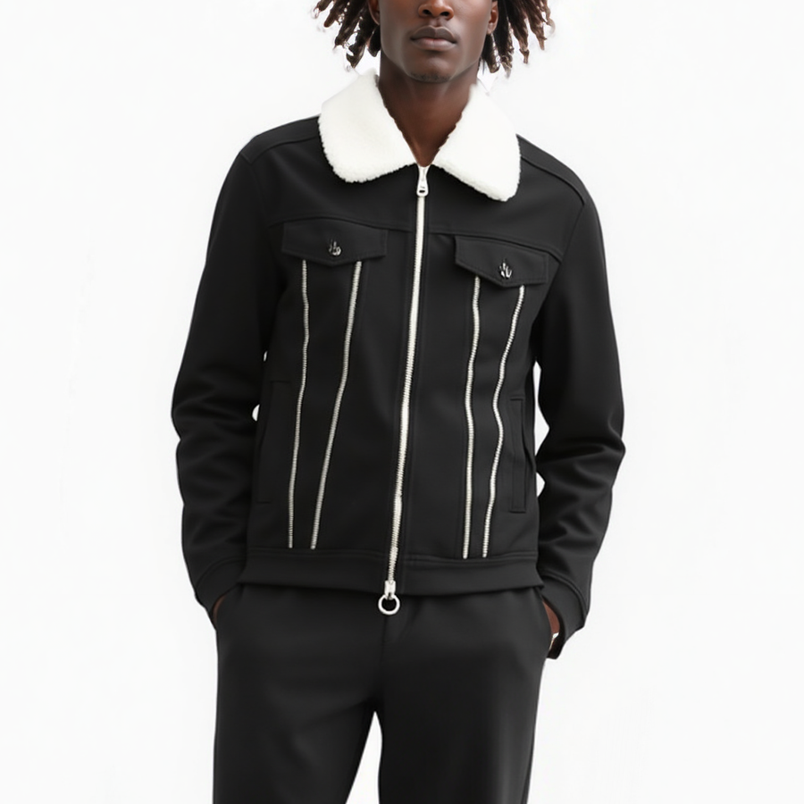 Konus Men's Sherpa Collar Twill Jacket In Black - shopatkonus