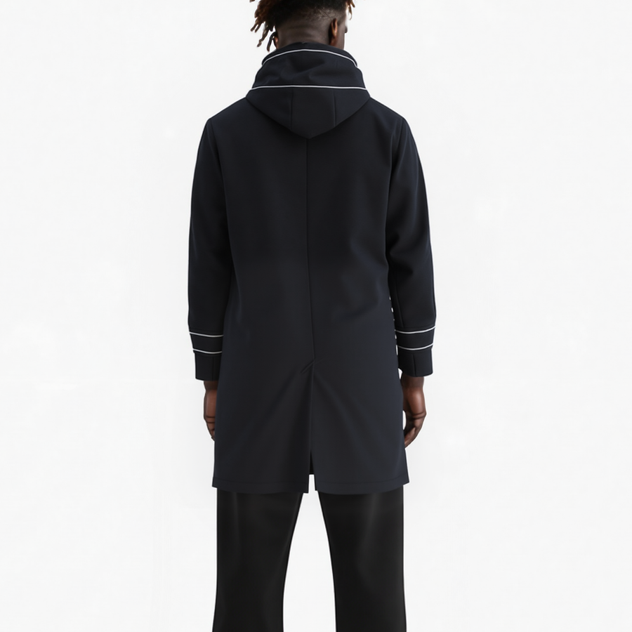 Men's Wool Blend Hooded Coat with Reflective Piping In Black - shopatkonus