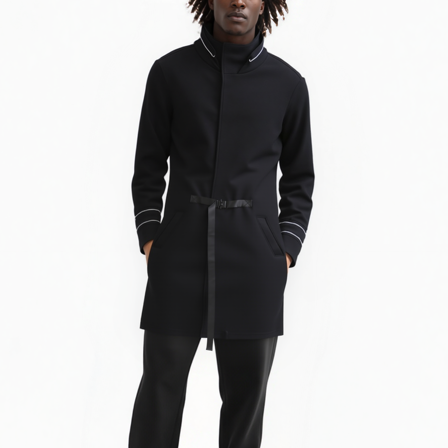 Men's Wool Blend Hooded Coat with Reflective Piping In Black - shopatkonus