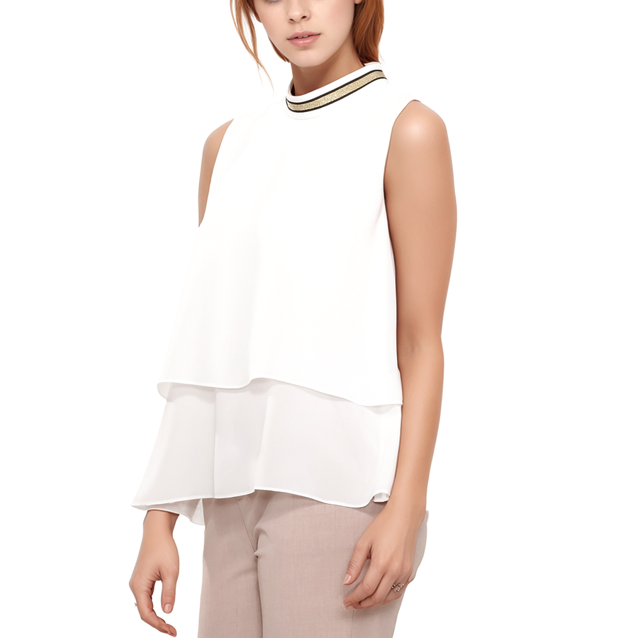 Pleione Layered Mock Neck Sleeveless Chiffon Blouse In White