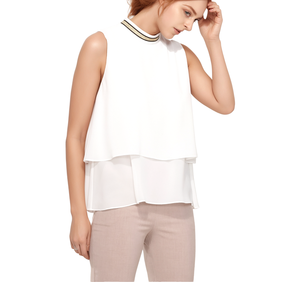 Pleione Layered Mock Neck Sleeveless Chiffon Blouse In White