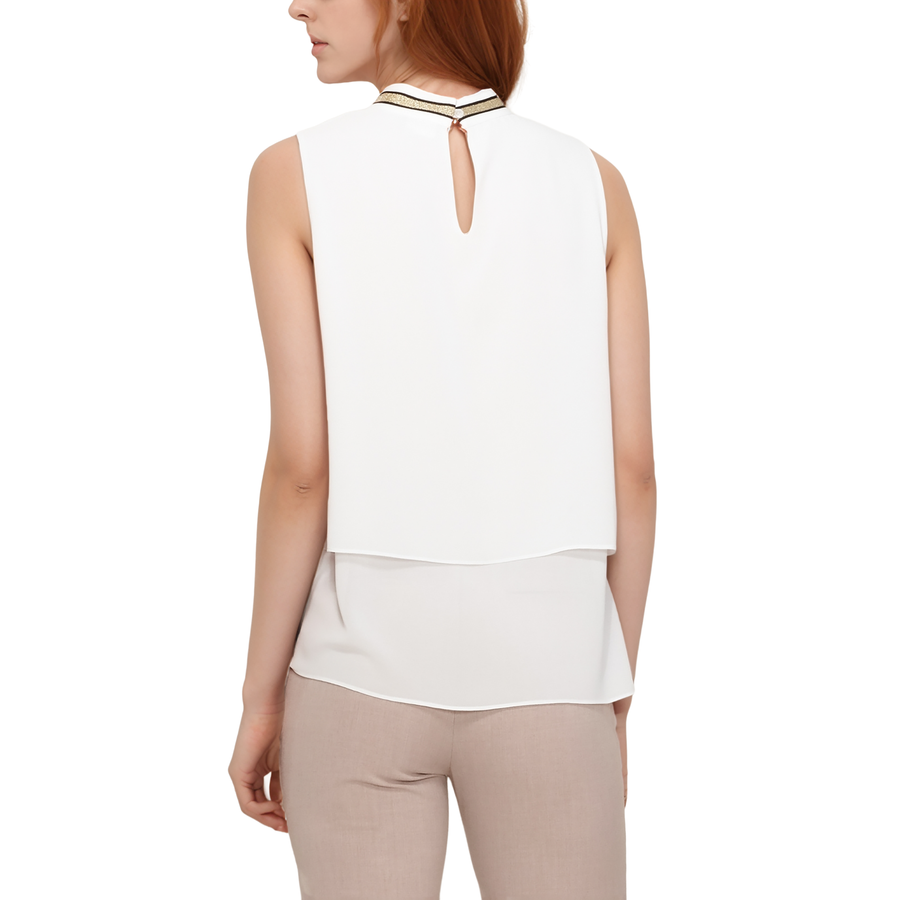 Pleione Layered Mock Neck Sleeveless Chiffon Blouse In White