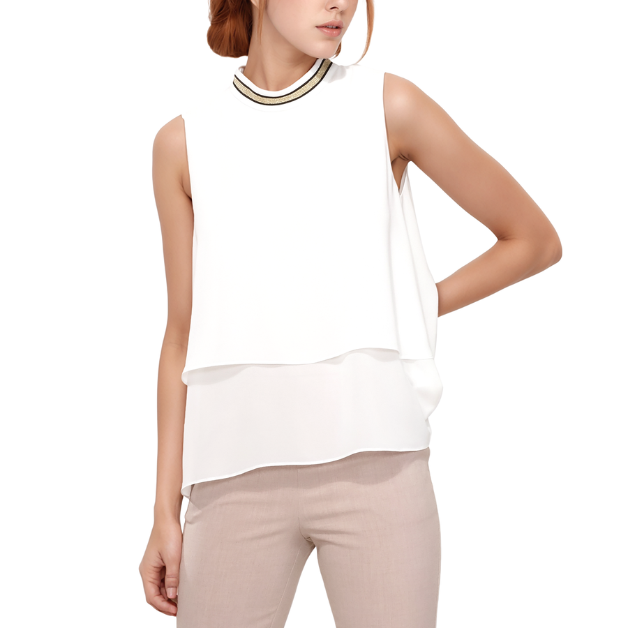 Pleione Layered Mock Neck Sleeveless Chiffon Blouse In White