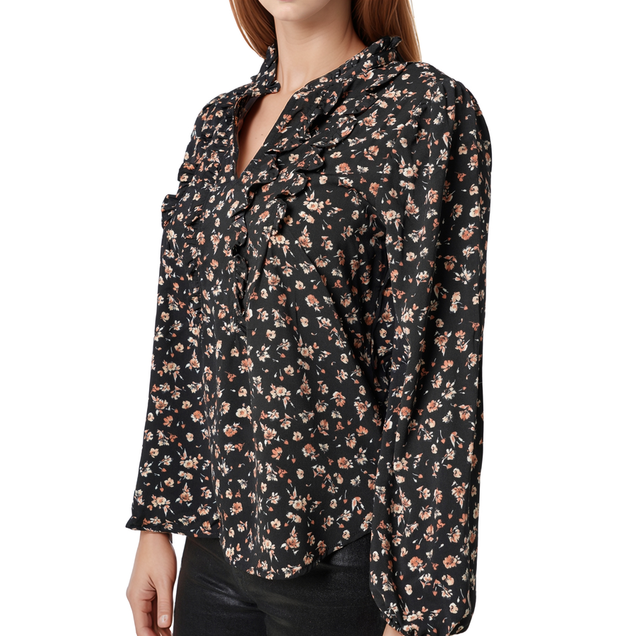 Pleione Long Sleeve Printed Ruffle Down Blouse
