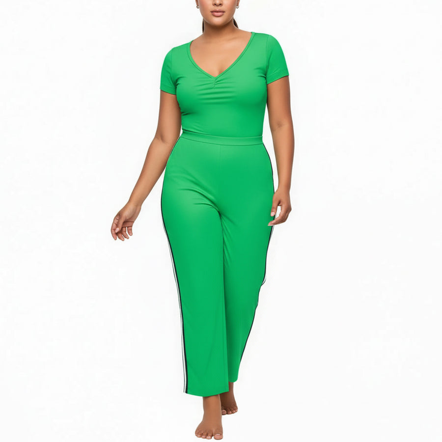 Pleione Plus Size Women's Striped Side Binding Pants In Green
