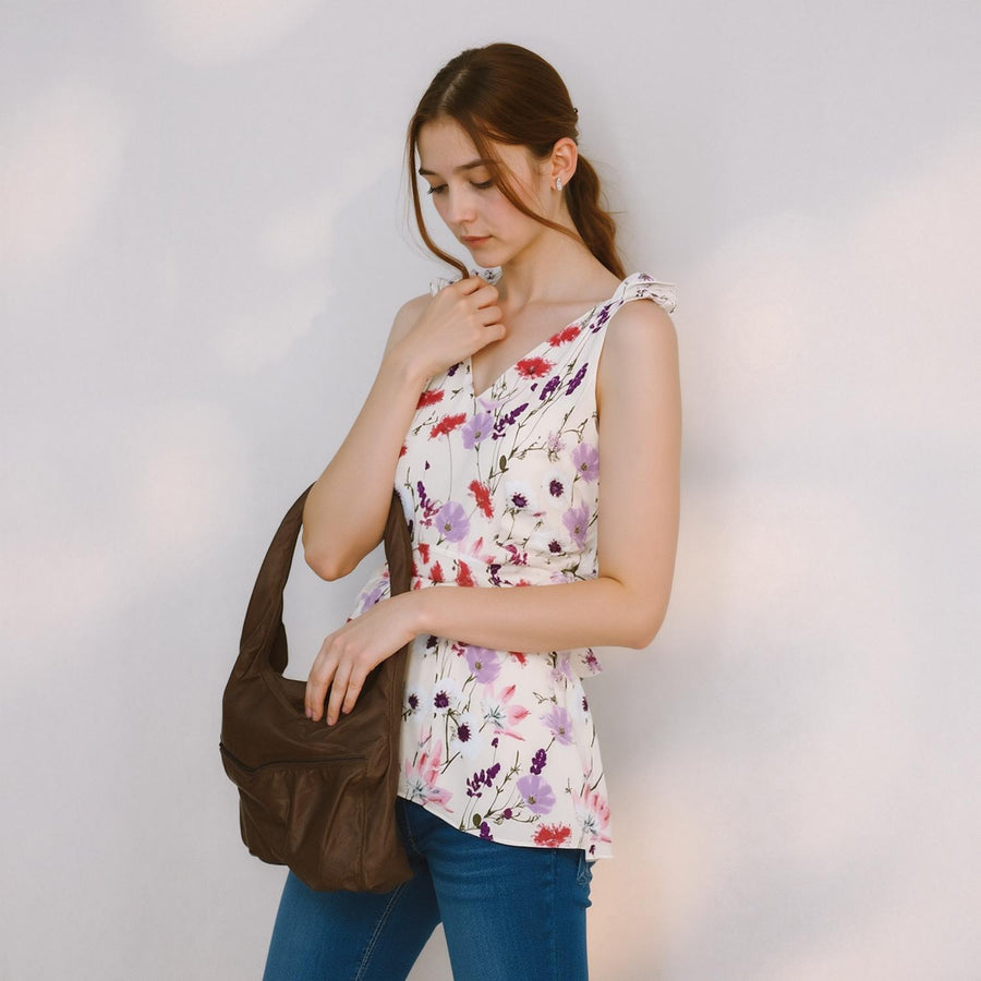 Pleione V-Neck Peplum Tank Floral Blouse In Pink