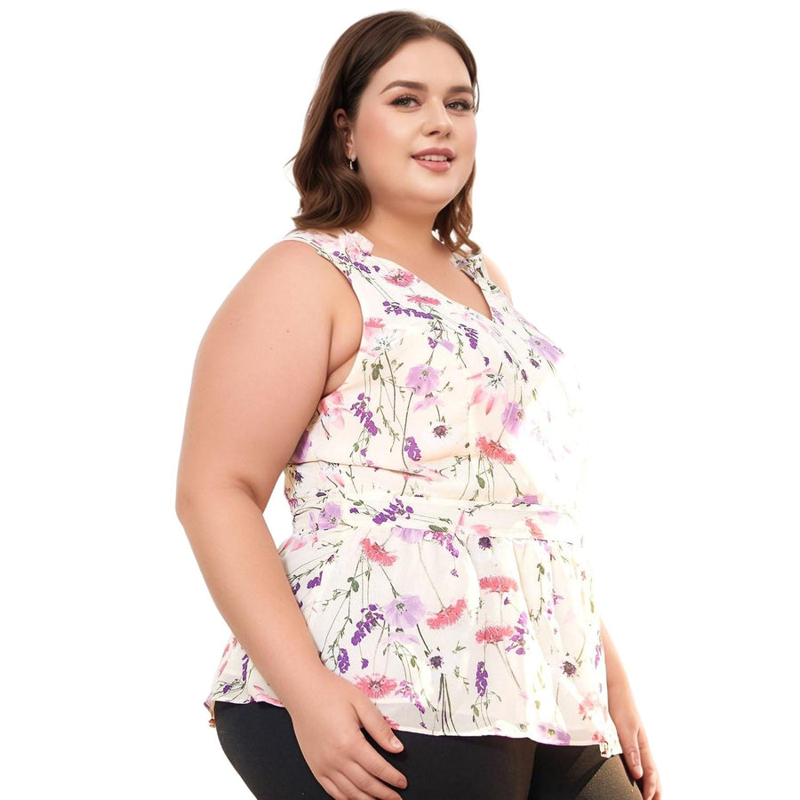 UPDATED - Pleione Plus Size V-Neck Peplum Tank Floral Blouse In Pink