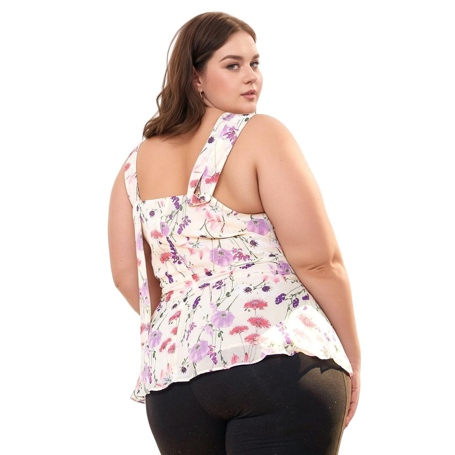 UPDATED - Pleione Plus Size V-Neck Peplum Tank Floral Blouse In Pink