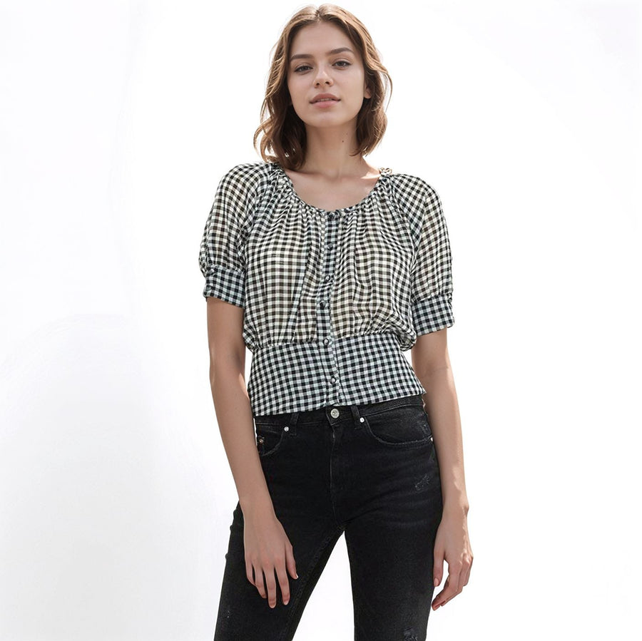 Women's Button Down Peplum Cropped Blouse in Black