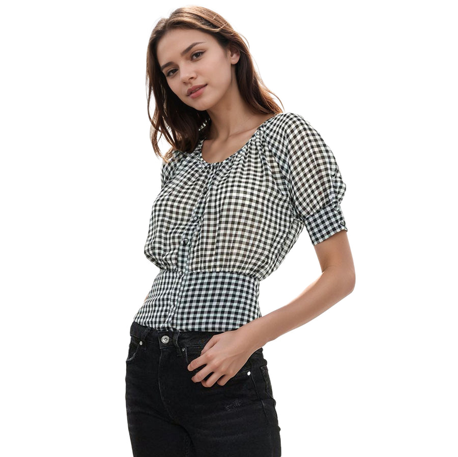 Women's Button Down Peplum Cropped Blouse in Black