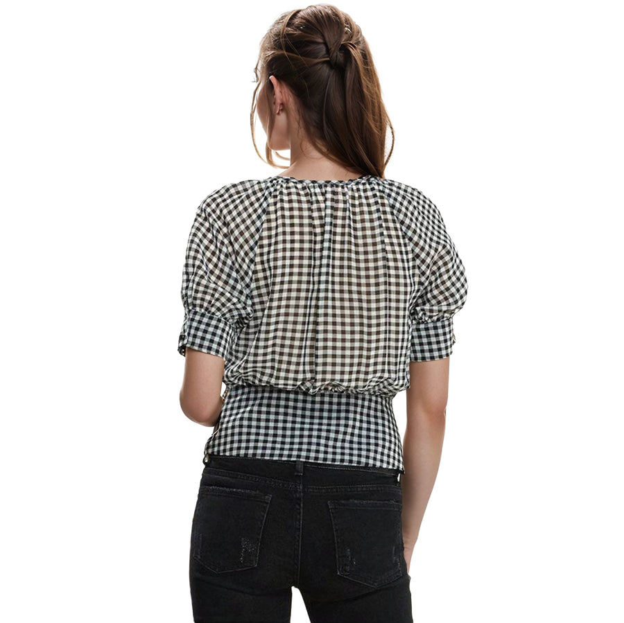 Women's Button Down Peplum Cropped Blouse in Black