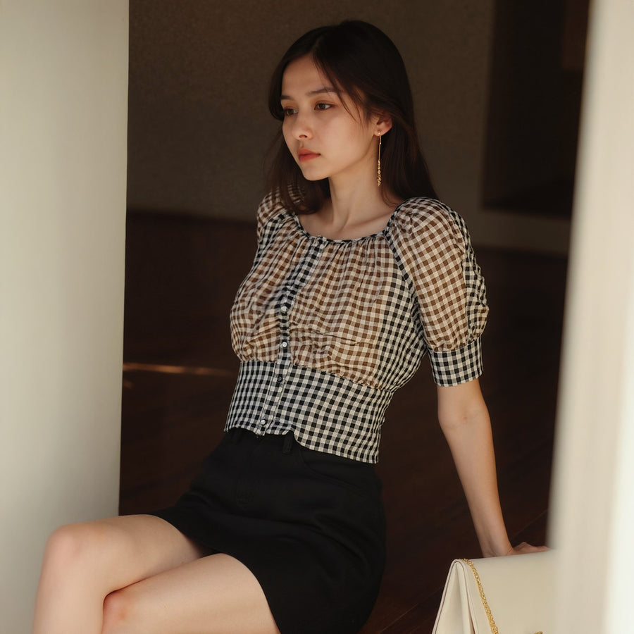 Women's Button Down Peplum Cropped Blouse in Black