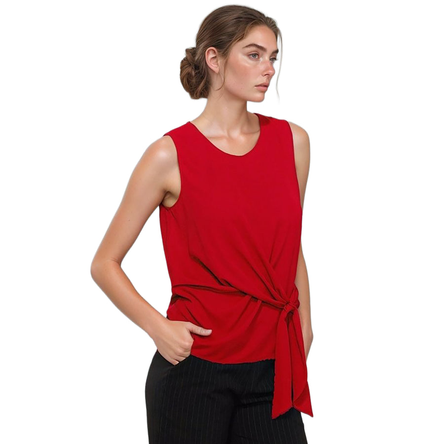 Pleione Women's Round Neck Tie Front Sleeveless Blouse