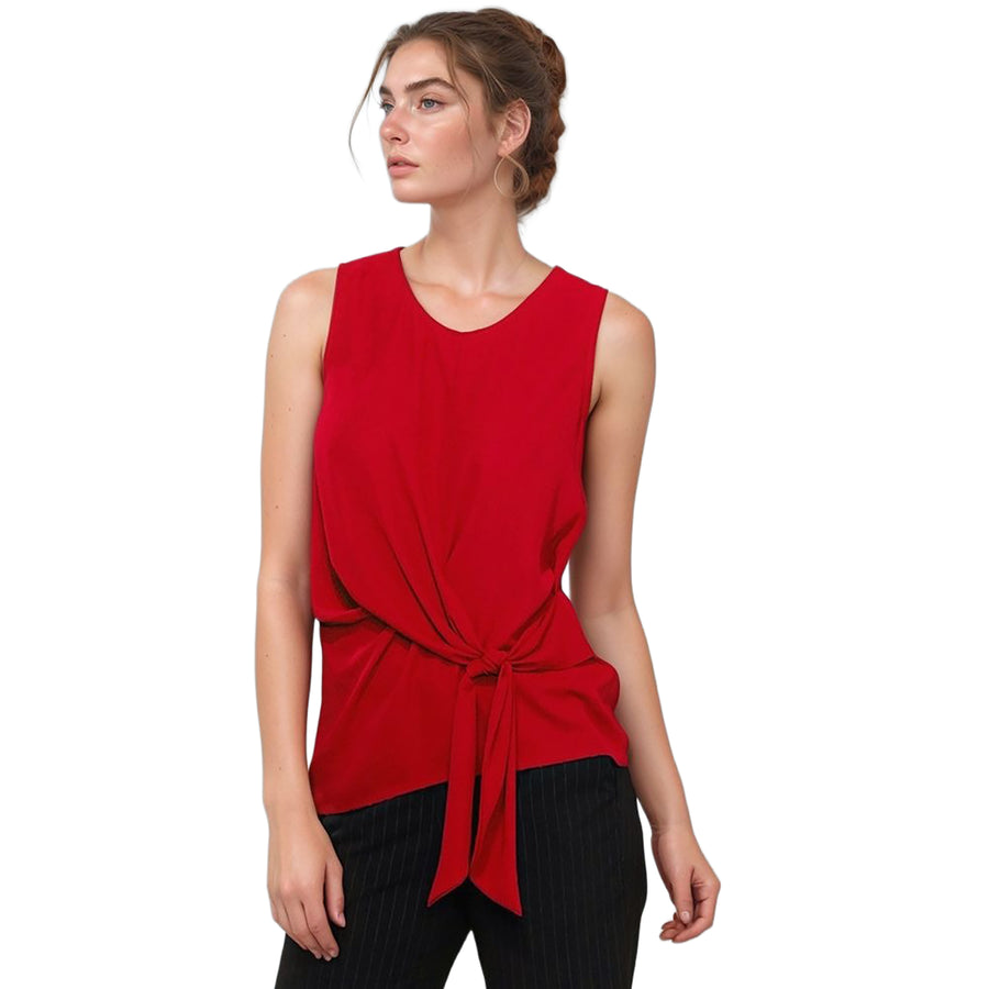 Pleione Women's Round Neck Tie Front Sleeveless Blouse