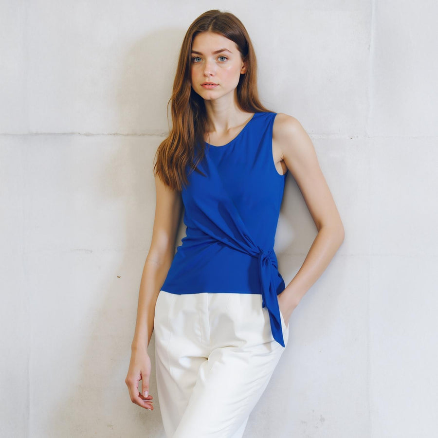 Pleione Women's Round Neck Tie Front Sleeveless Blouse