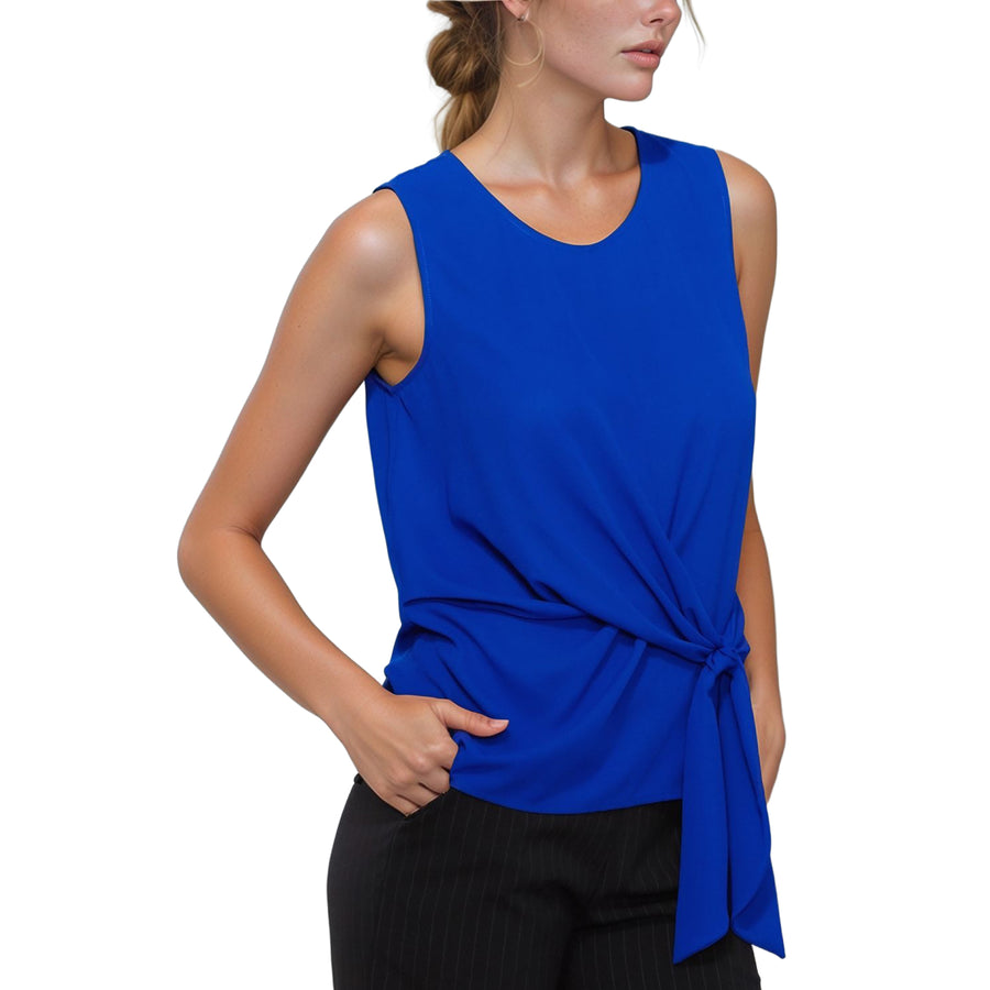 Pleione Women's Round Neck Tie Front Sleeveless Blouse
