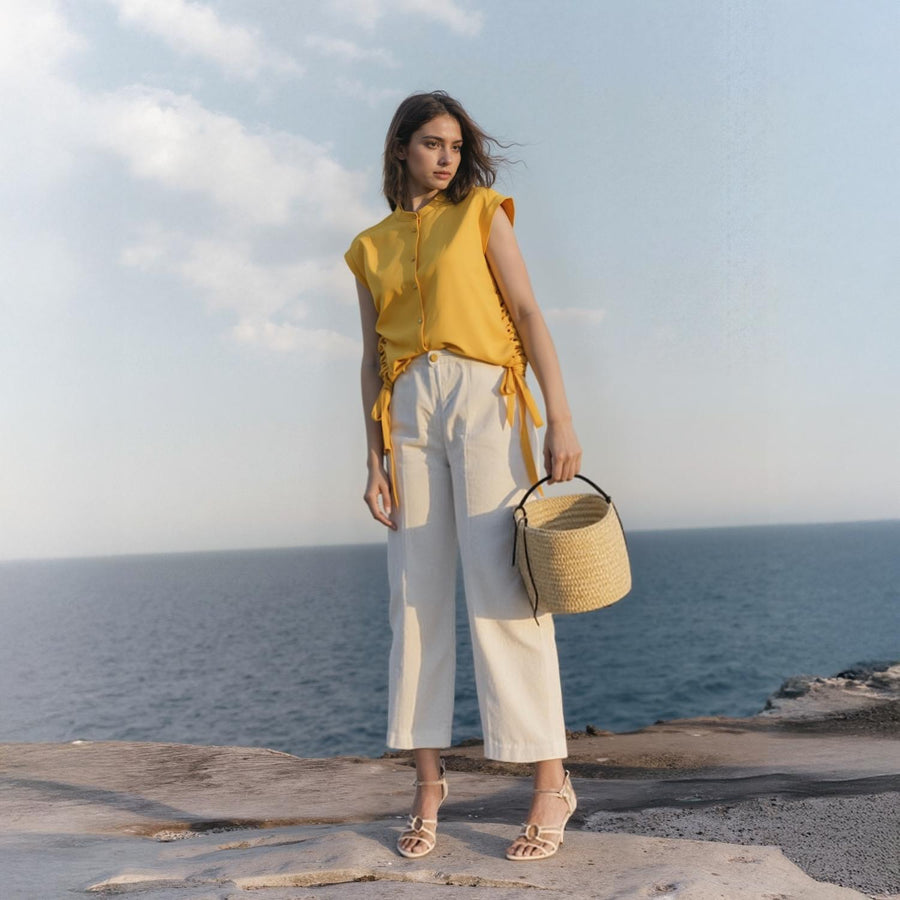 Pleione Women's Button Down Side Tie Blouse - shopatkonus