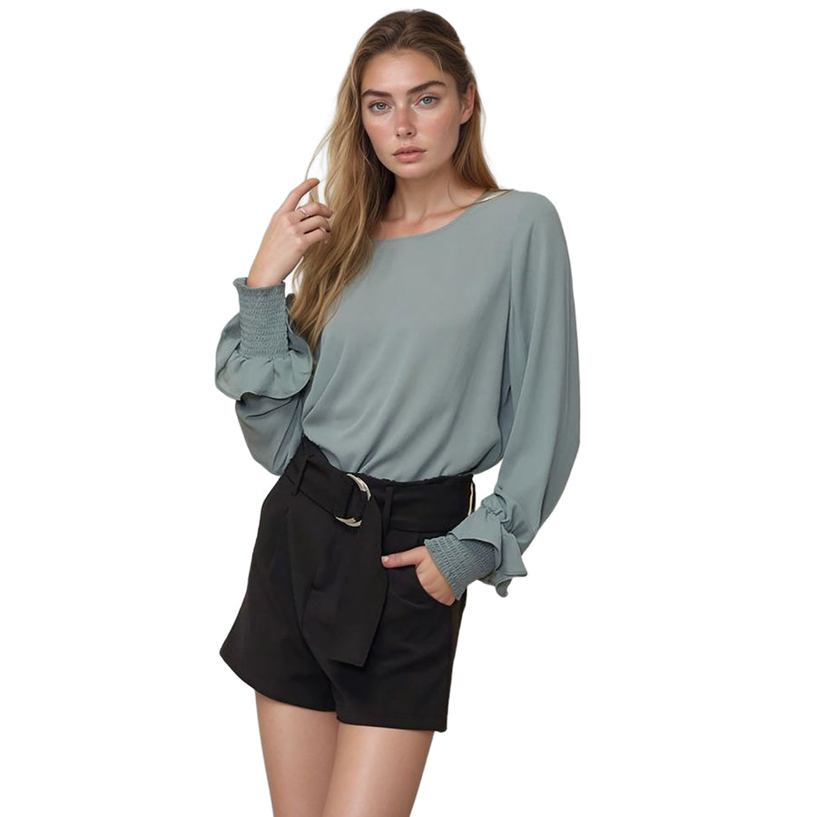 Pleione Women's Round Neck Smocked Ruffle Cuff Top