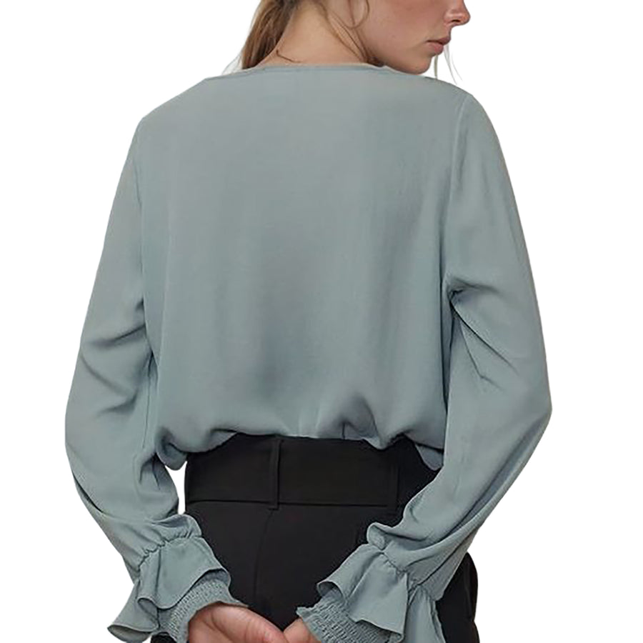 Pleione Women's Round Neck Smocked Ruffle Cuff Top