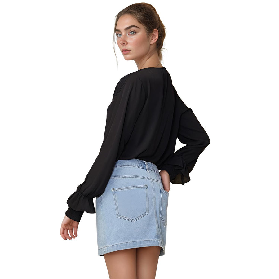 Pleione Women's Round Neck Smocked Ruffle Cuff Top