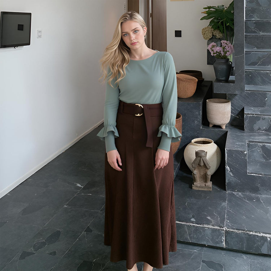 Pleione Women's Round Neck Smocked Ruffle Cuff Top - shopatkonus