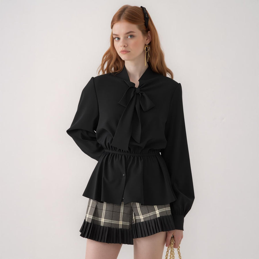 N/A Pleione Tie Neck Button Down Peplum Blouse in Black