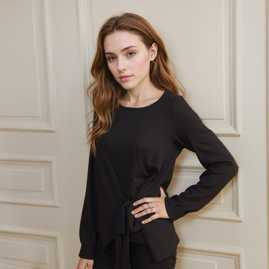 Pleione Women's Self-Tie Wrap Front Blouse in Black - shopatkonus