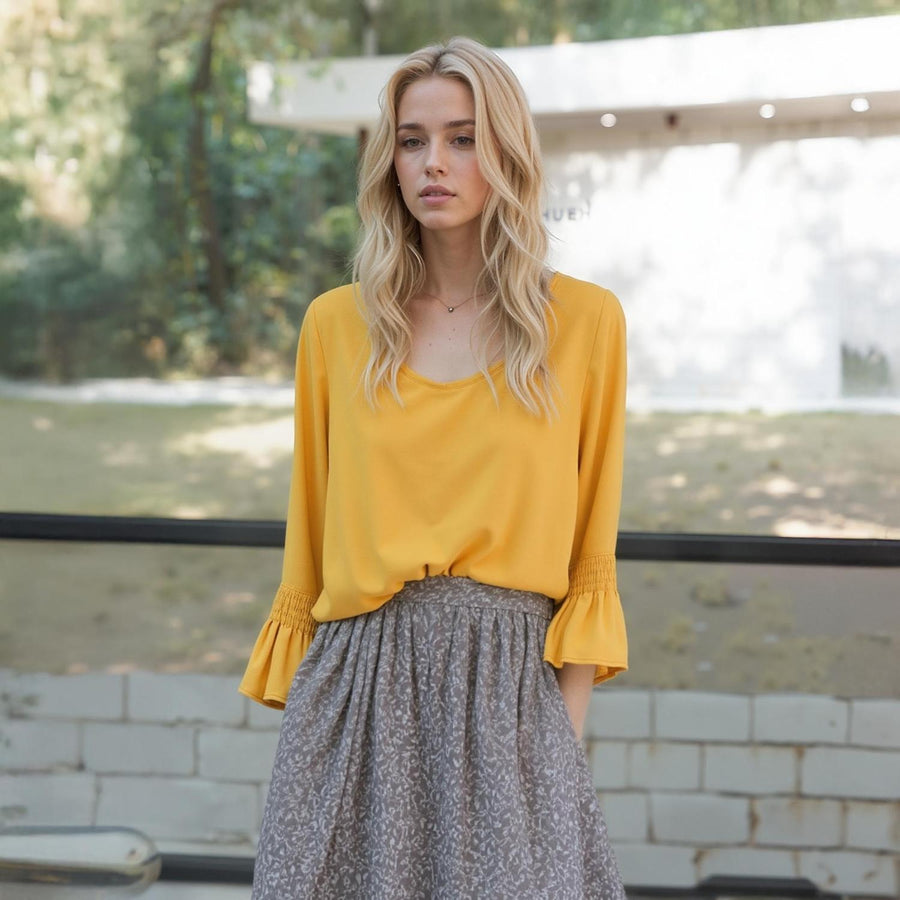 Pleione Women's Pleated Blouse With Bell Sleeve in Honey - shopatkonus