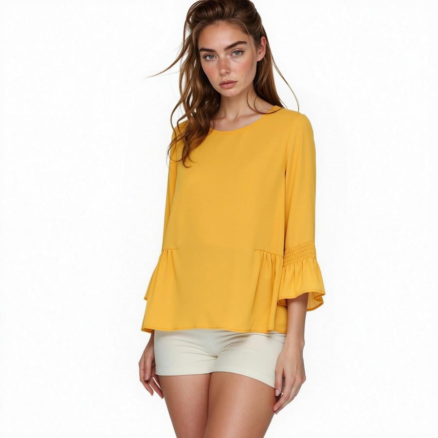 Pleione Women's Pleated Blouse With Bell Sleeve in Honey - shopatkonus