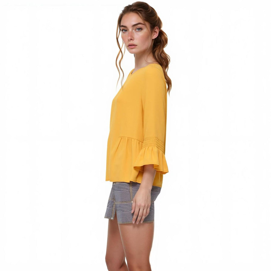 Pleione Women's Pleated Blouse With Bell Sleeve in Honey - shopatkonus
