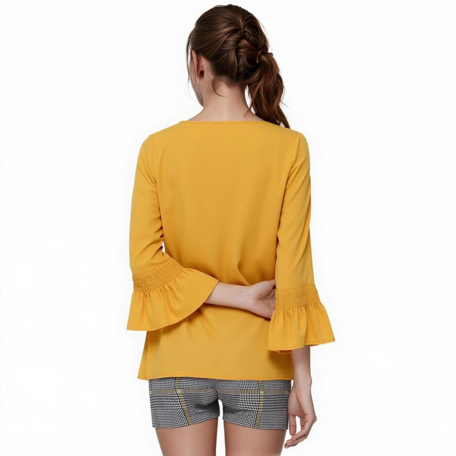 Pleione Women's Pleated Blouse With Bell Sleeve in Honey - shopatkonus