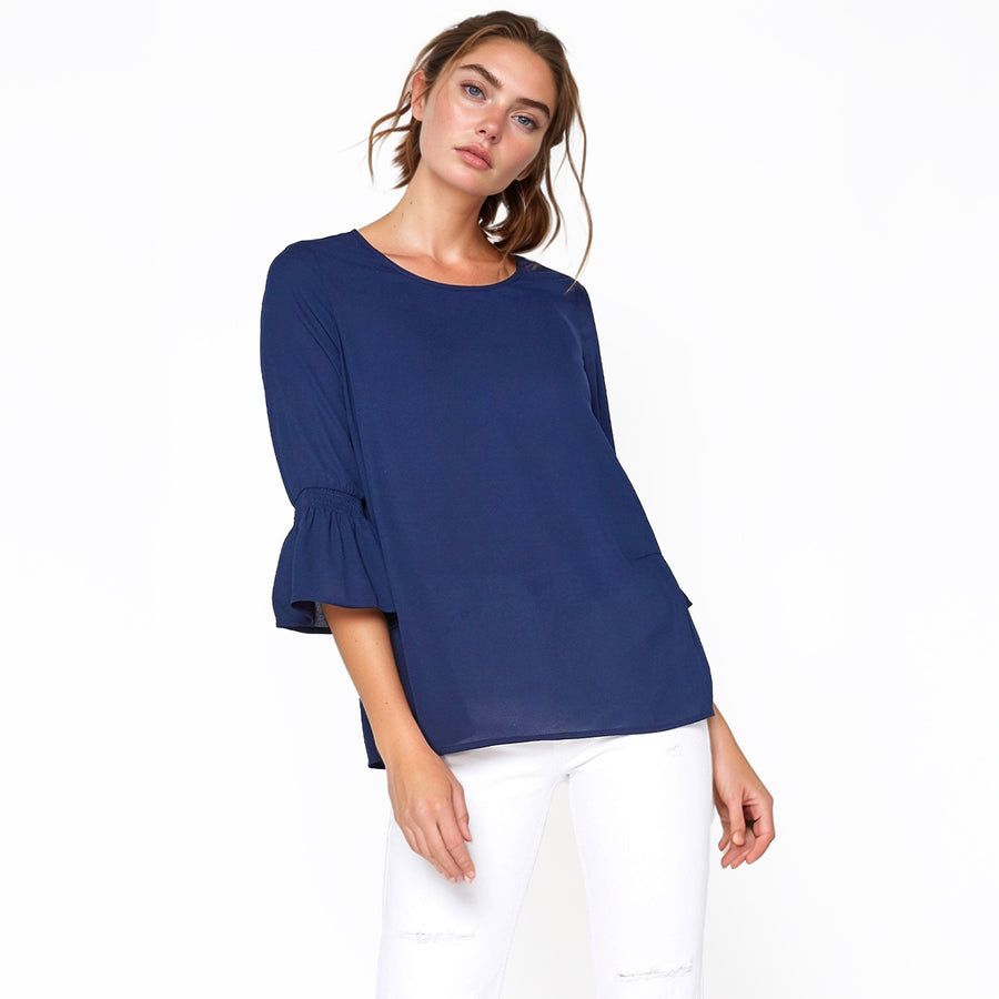 Pleione Women's Pleated Blouse With Bell Sleeve in Honey